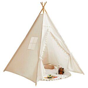 Large Foldable Kids Canvas Teepee Play Tent With Lights  ( White )